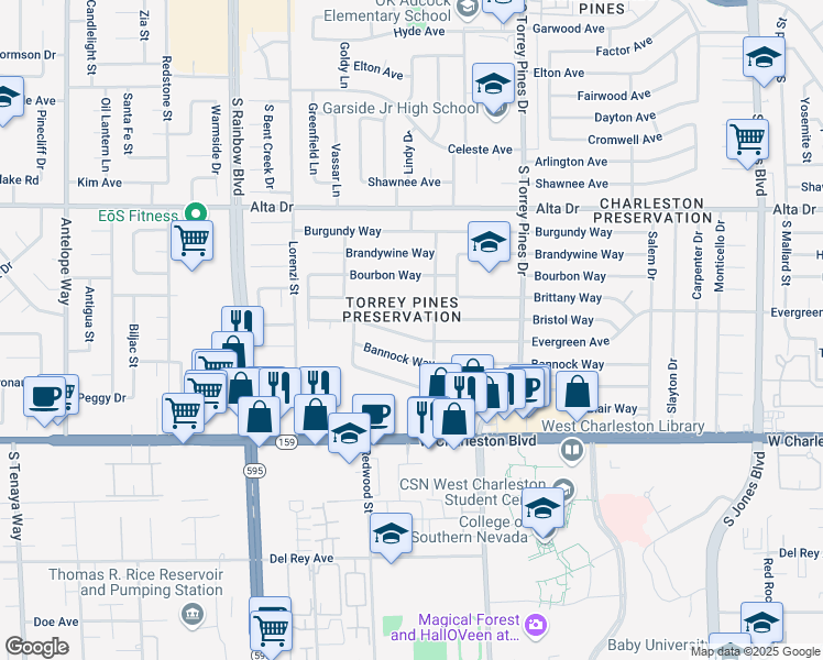 map of restaurants, bars, coffee shops, grocery stores, and more near 6512 Evergreen Avenue in Las Vegas