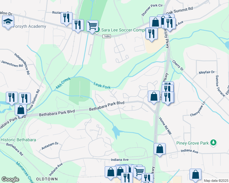 map of restaurants, bars, coffee shops, grocery stores, and more near 6125 Old Plank Road in Winston-Salem