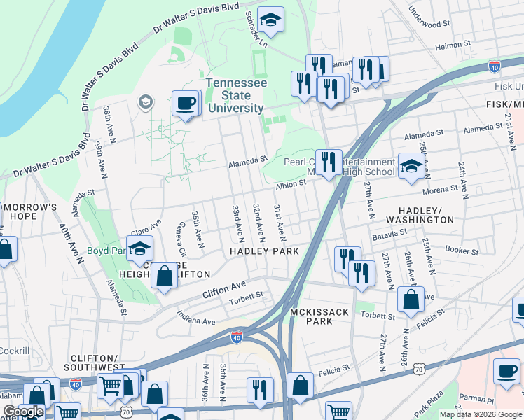 map of restaurants, bars, coffee shops, grocery stores, and more near 925 32nd Avenue North in Nashville