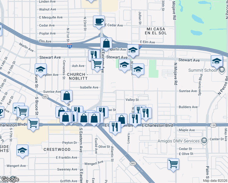 map of restaurants, bars, coffee shops, grocery stores, and more near 2528 Sunrise Avenue in Las Vegas