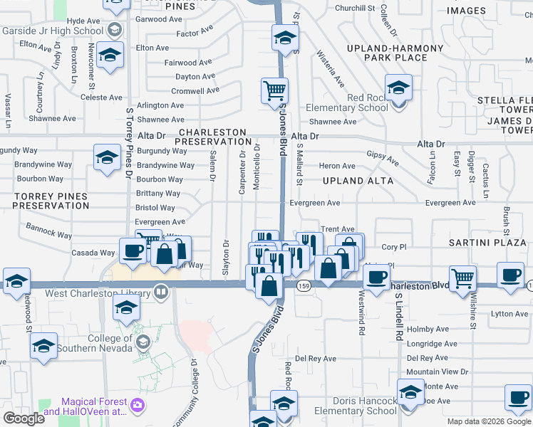 map of restaurants, bars, coffee shops, grocery stores, and more near 808 Monticello Drive in Las Vegas