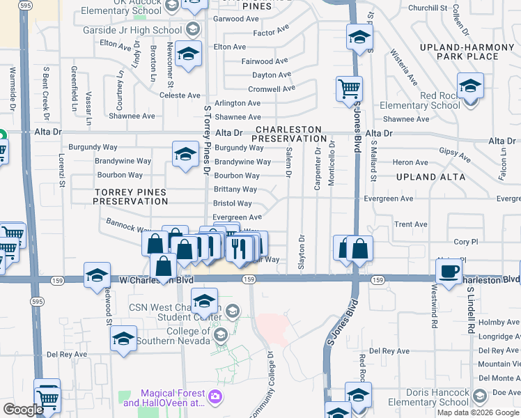 map of restaurants, bars, coffee shops, grocery stores, and more near 6241 Evergreen Avenue in Las Vegas