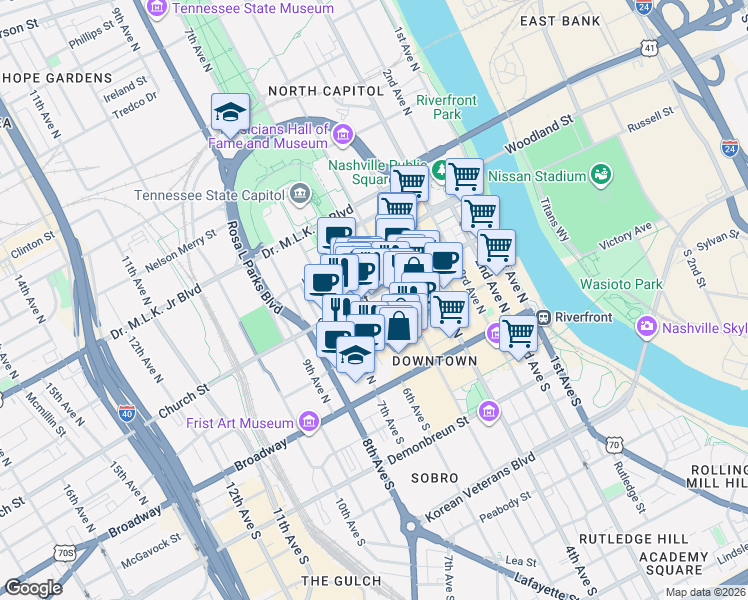 map of restaurants, bars, coffee shops, grocery stores, and more near in Nashville