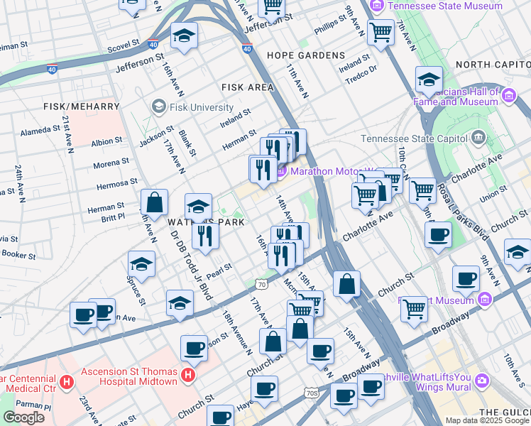 map of restaurants, bars, coffee shops, grocery stores, and more near 1433 Jo Johnston Avenue in Nashville