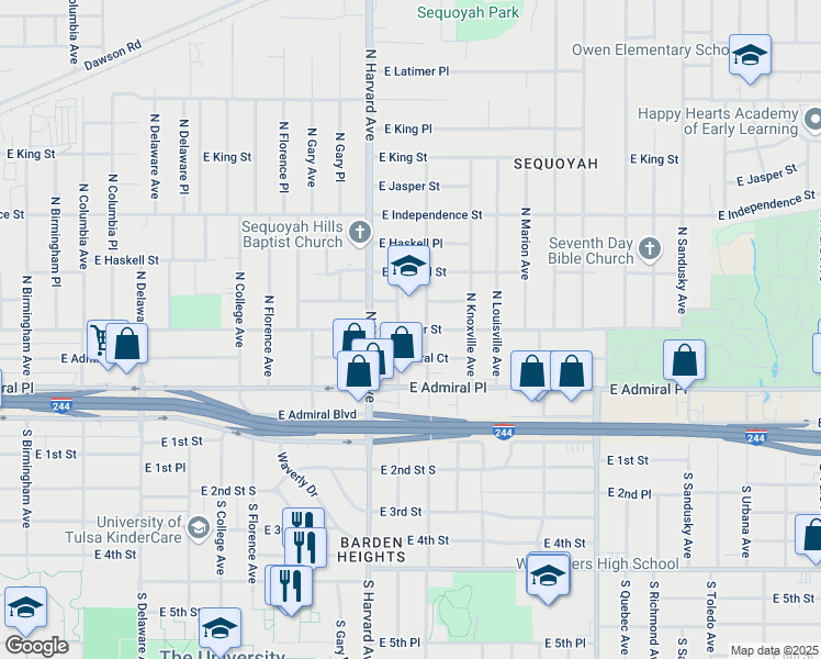 map of restaurants, bars, coffee shops, grocery stores, and more near 3415 East Admiral Court in Tulsa