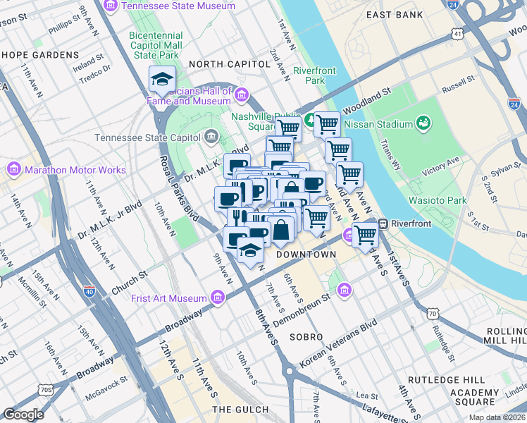 map of restaurants, bars, coffee shops, grocery stores, and more near 555 Church Street in Nashville