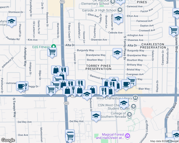map of restaurants, bars, coffee shops, grocery stores, and more near 6549 Bannock Way in Las Vegas