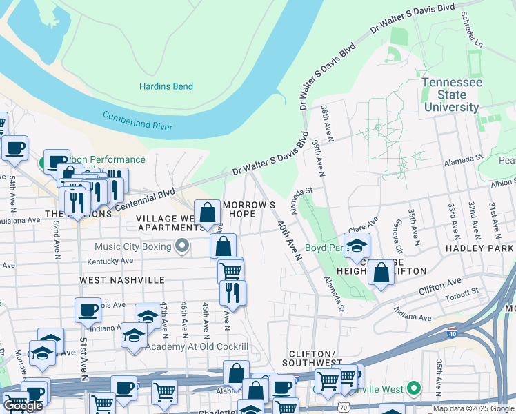 map of restaurants, bars, coffee shops, grocery stores, and more near 1015 42nd Avenue North in Nashville