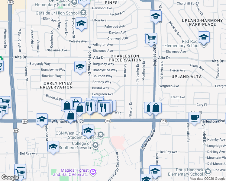 map of restaurants, bars, coffee shops, grocery stores, and more near 6241 Evergreen Avenue in Las Vegas