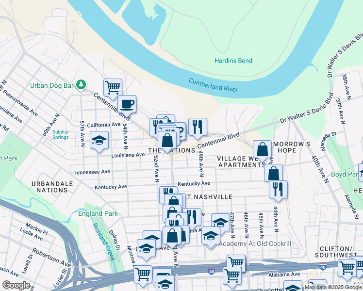 map of restaurants, bars, coffee shops, grocery stores, and more near in Nashville