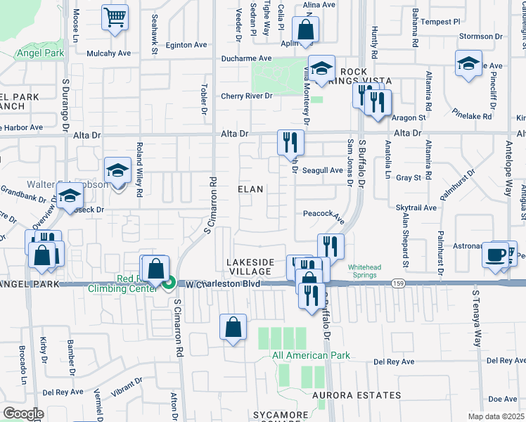 map of restaurants, bars, coffee shops, grocery stores, and more near 733 Wheat Ridge Lane in Las Vegas