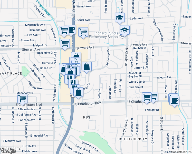 map of restaurants, bars, coffee shops, grocery stores, and more near 143 Sir Thomas Drive in Las Vegas