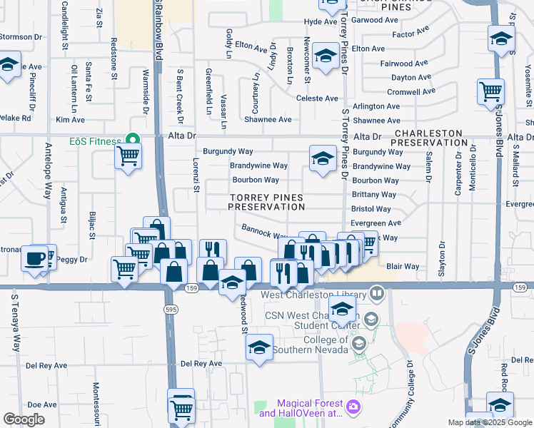map of restaurants, bars, coffee shops, grocery stores, and more near 6520 Evergreen Avenue in Las Vegas