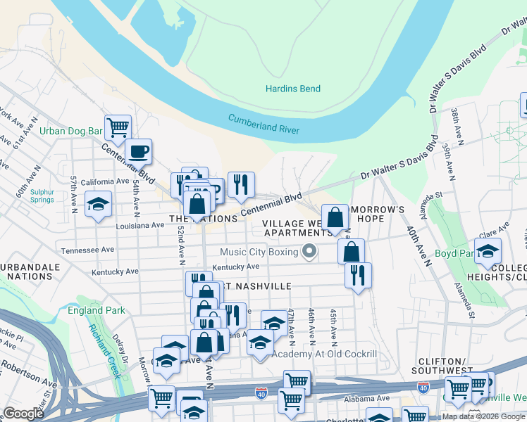 map of restaurants, bars, coffee shops, grocery stores, and more near 4731 Centennial Boulevard in Nashville