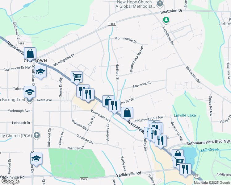 map of restaurants, bars, coffee shops, grocery stores, and more near 3749 Reynolda Road in Winston-Salem