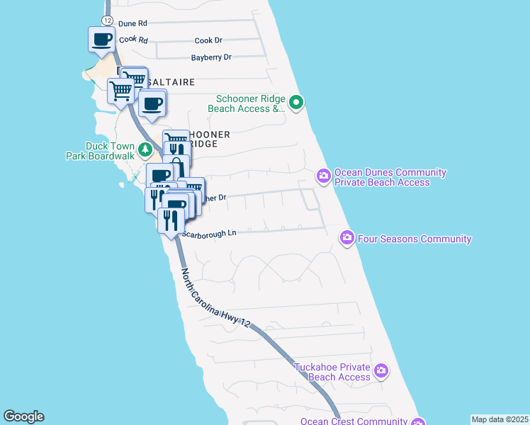 map of restaurants, bars, coffee shops, grocery stores, and more near 155 Victoria Court in Kitty Hawk