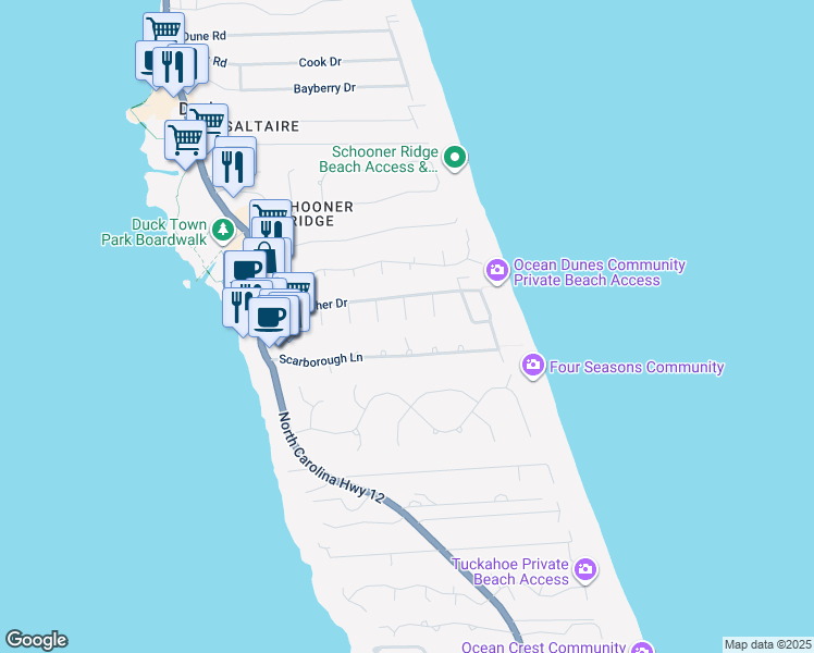map of restaurants, bars, coffee shops, grocery stores, and more near 155 Victoria Court in Kitty Hawk