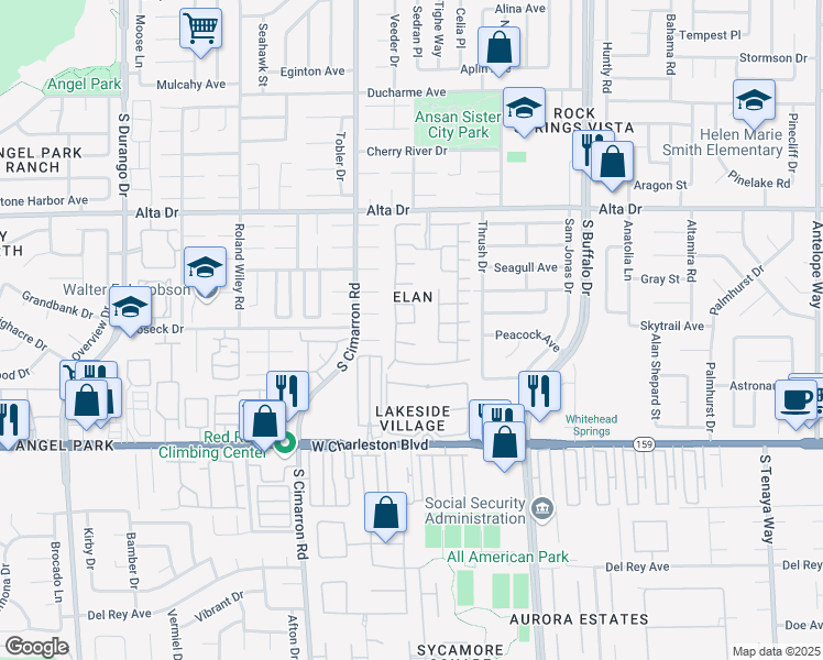 map of restaurants, bars, coffee shops, grocery stores, and more near 7905 Lago Vista Lane in Las Vegas