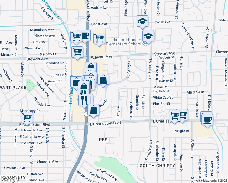 map of restaurants, bars, coffee shops, grocery stores, and more near 143 Sir Thomas Drive in Las Vegas