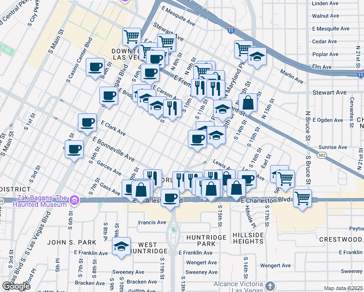 map of restaurants, bars, coffee shops, grocery stores, and more near 405 South Maryland Parkway in Las Vegas