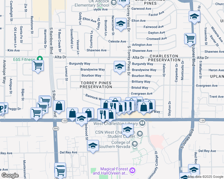map of restaurants, bars, coffee shops, grocery stores, and more near 6449 Evergreen Avenue in Las Vegas