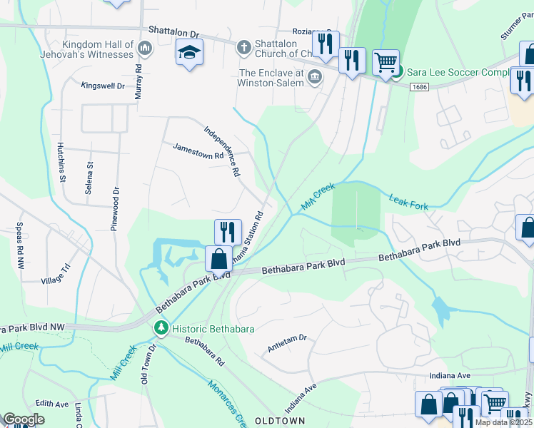 map of restaurants, bars, coffee shops, grocery stores, and more near 3907 Bethania Station Road in Winston-Salem