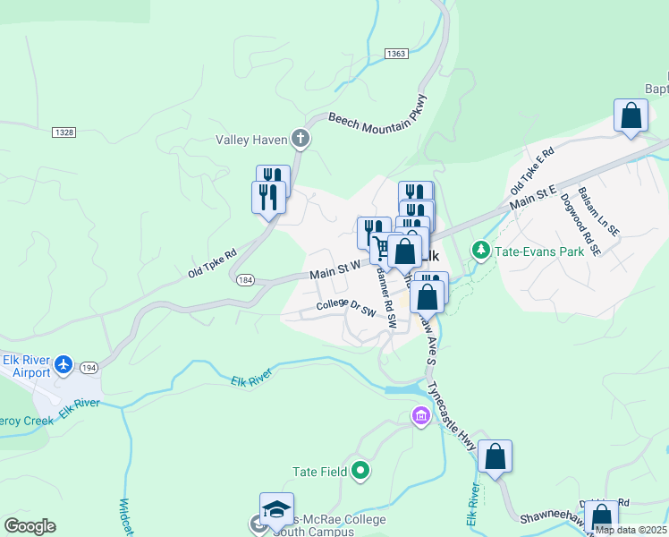 map of restaurants, bars, coffee shops, grocery stores, and more near 145 Grace Hartley Road in Banner Elk