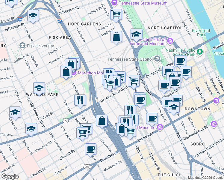 map of restaurants, bars, coffee shops, grocery stores, and more near 1024 Doctor Martin Luther King Junior Boulevard in Nashville
