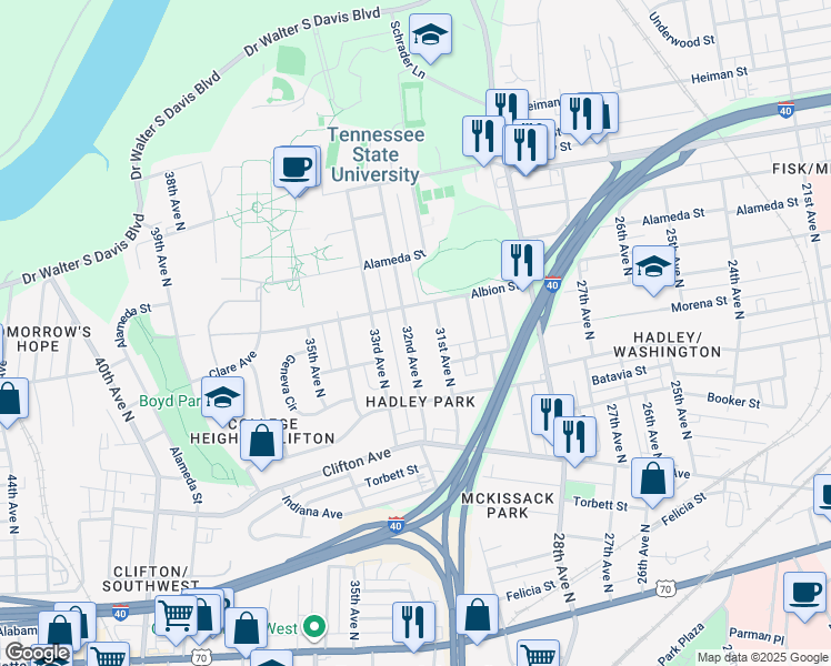 map of restaurants, bars, coffee shops, grocery stores, and more near 925 32nd Avenue North in Nashville