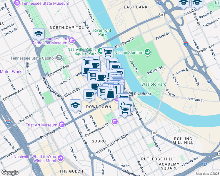 map of restaurants, bars, coffee shops, grocery stores, and more near 333 Commerce Street in Nashville