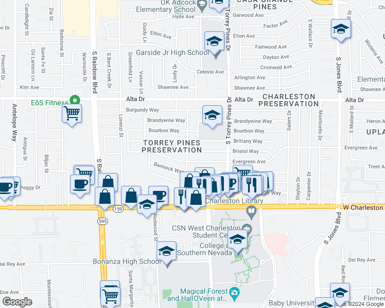 map of restaurants, bars, coffee shops, grocery stores, and more near 6453 Bristol Way in Las Vegas