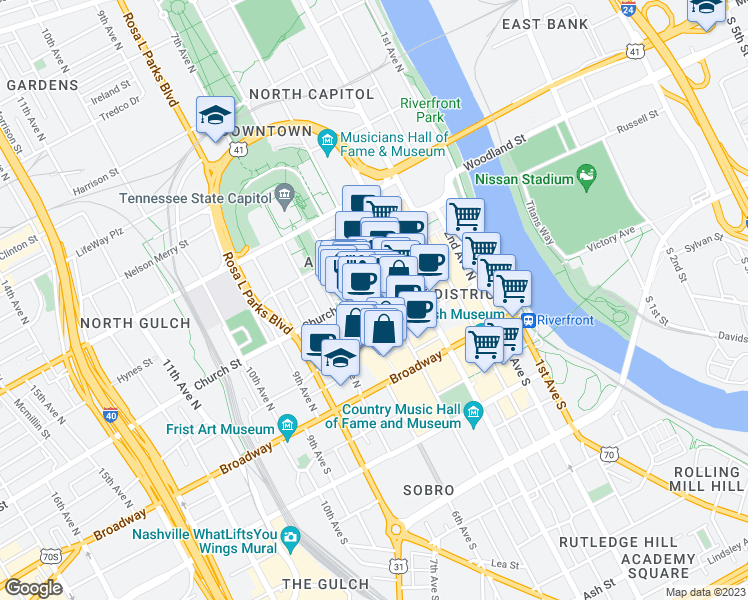 map of restaurants, bars, coffee shops, grocery stores, and more near in Nashville