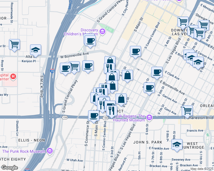 map of restaurants, bars, coffee shops, grocery stores, and more near 901 South Main Street in Las Vegas