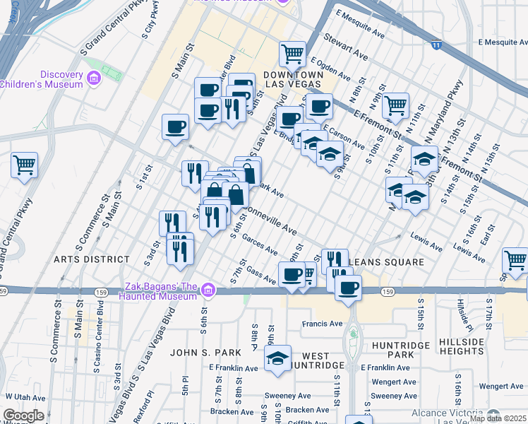 map of restaurants, bars, coffee shops, grocery stores, and more near 618 South 7th Street in Las Vegas