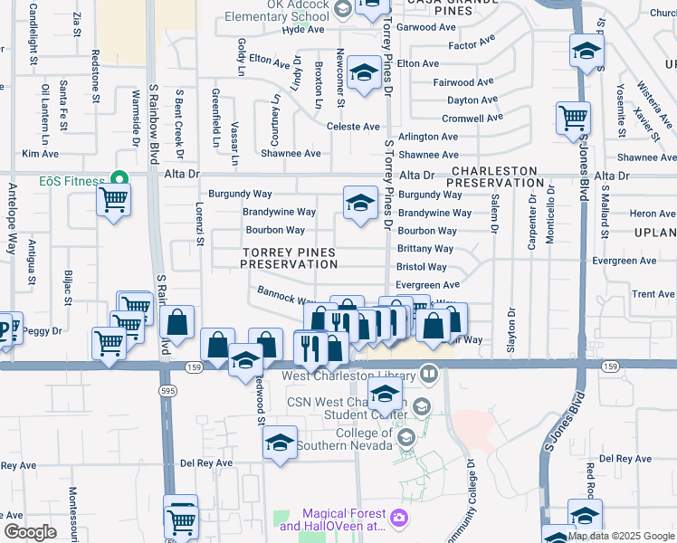 map of restaurants, bars, coffee shops, grocery stores, and more near 6449 Evergreen Avenue in Las Vegas