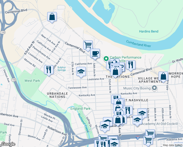 map of restaurants, bars, coffee shops, grocery stores, and more near 5312 Louisiana Avenue in Nashville