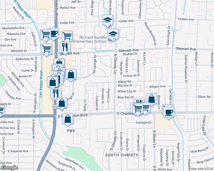 map of restaurants, bars, coffee shops, grocery stores, and more near 141 Parrish Lane in Las Vegas