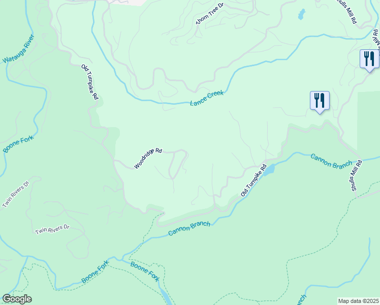 map of restaurants, bars, coffee shops, grocery stores, and more near 121 Woodvalley Lane in Boone