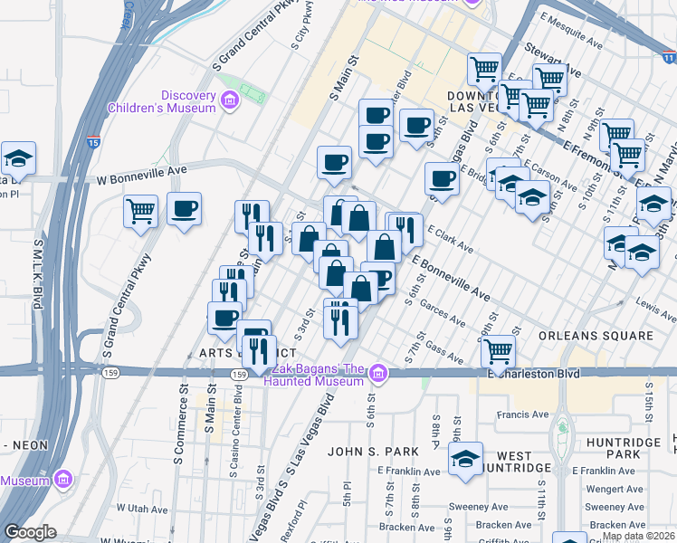 map of restaurants, bars, coffee shops, grocery stores, and more near 310 Gass Avenue in Las Vegas