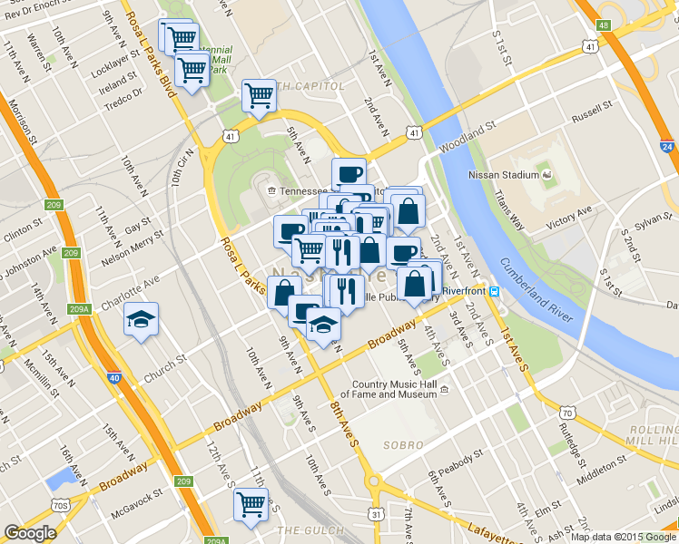 map of restaurants, bars, coffee shops, grocery stores, and more near in Nashville