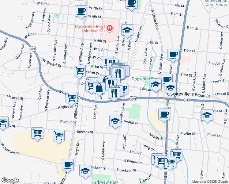 map of restaurants, bars, coffee shops, grocery stores, and more near 46 South Cedar Avenue in Cookeville