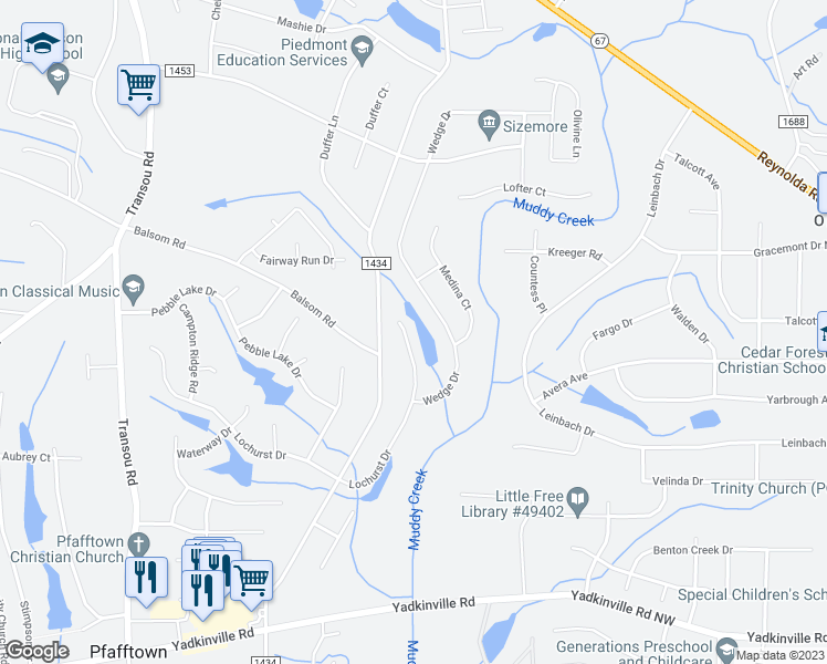 map of restaurants, bars, coffee shops, grocery stores, and more near 4260 Lochurst Drive in Pfafftown