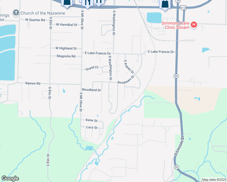 map of restaurants, bars, coffee shops, grocery stores, and more near 2601 Cortney Circle in Siloam Springs
