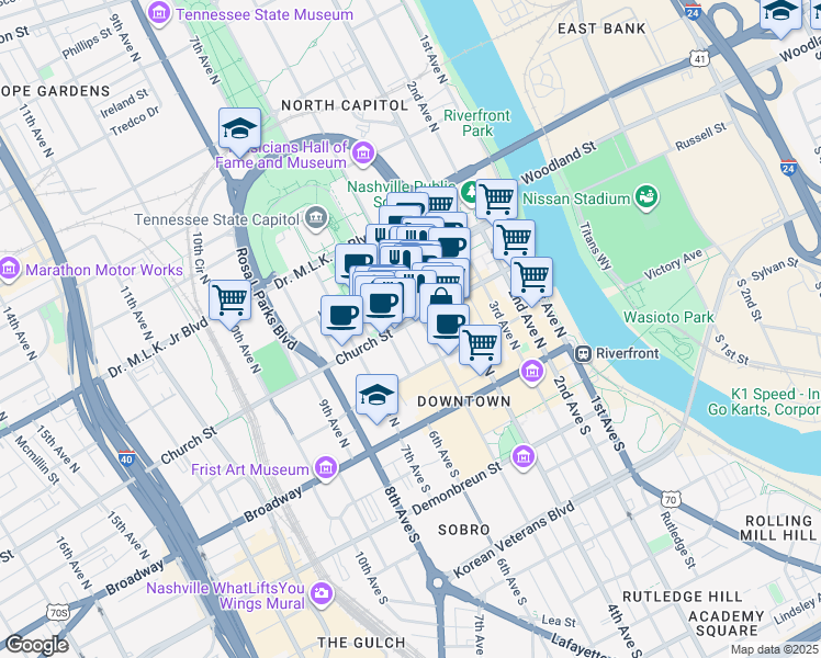 map of restaurants, bars, coffee shops, grocery stores, and more near 501 Church Street in Nashville