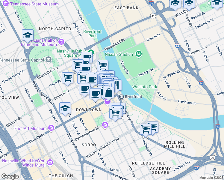 map of restaurants, bars, coffee shops, grocery stores, and more near 120 2nd Avenue North in Nashville
