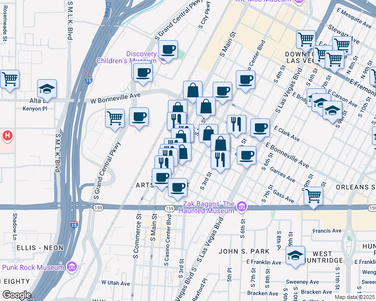 map of restaurants, bars, coffee shops, grocery stores, and more near 823 S 1st St in Las Vegas