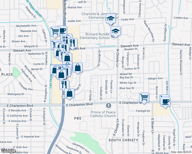 map of restaurants, bars, coffee shops, grocery stores, and more near 5330 East Charleston Boulevard in Las Vegas