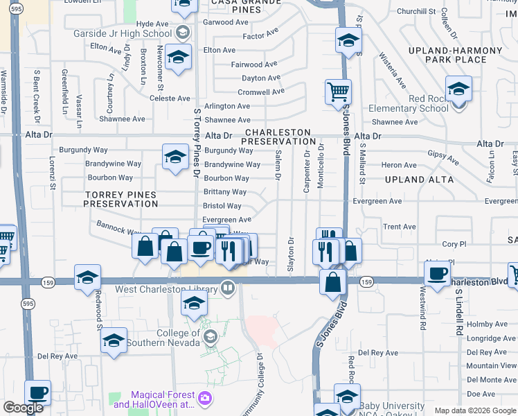 map of restaurants, bars, coffee shops, grocery stores, and more near 6224 Bristol Way in Las Vegas