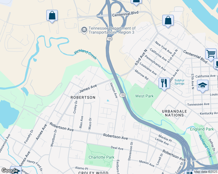 map of restaurants, bars, coffee shops, grocery stores, and more near 740 James Avenue in Nashville