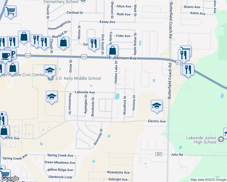 map of restaurants, bars, coffee shops, grocery stores, and more near 2616 Lakeside Avenue in Springdale